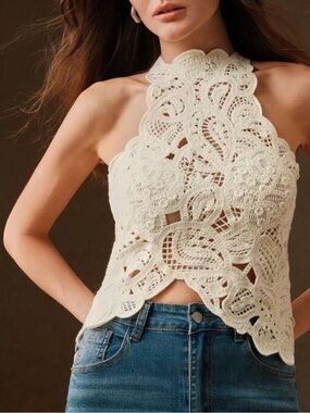 Crochet Lace Halter Camisole Tank Top - Cream